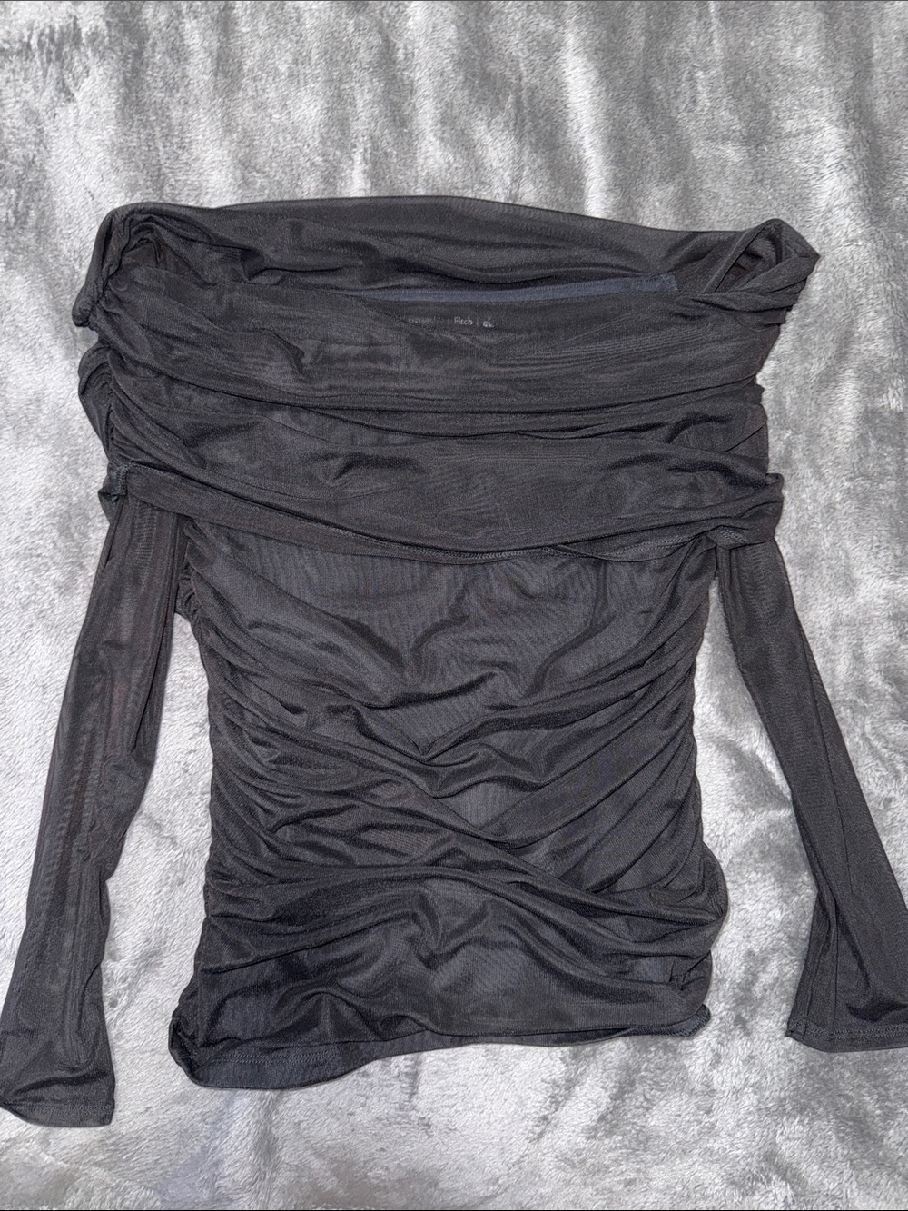 Off-Shoulder Black Ruched Long-Sleeve Topped with mesh details